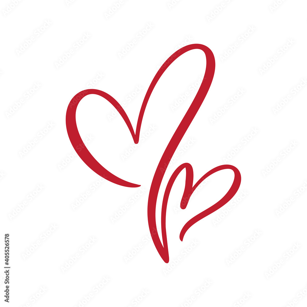 Two flourish red lovers heart. Valentine card handmade vector calligraphy. Decor for greeting card, photo overlays, t-shirt print, flyer, poster design