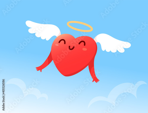 Vector cartoon cute happy holy heart character with wings and nimbus