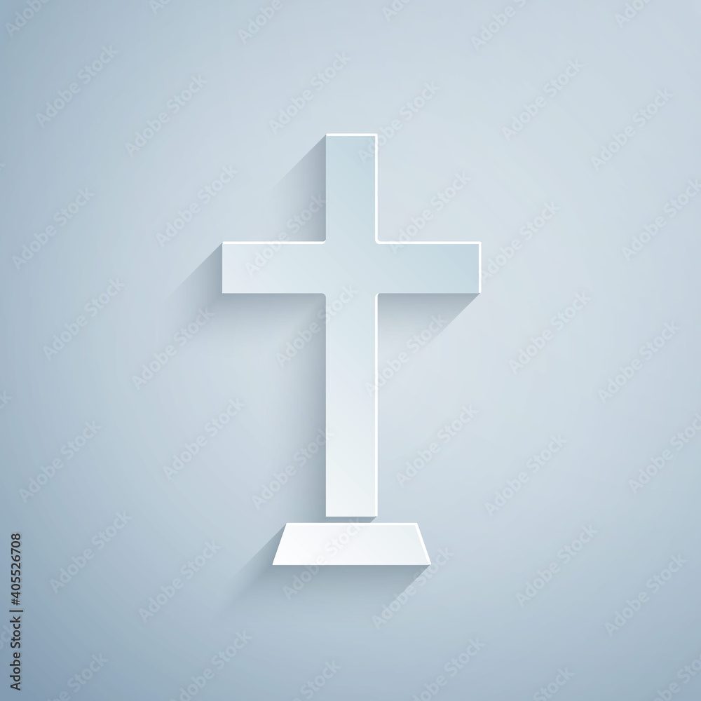 Paper cut Christian cross icon isolated on grey background. Church cross. Paper art style. Vector.