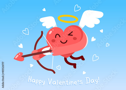 Vector cartoon cute happy holy heart cupid character with wings and nimbus flying with bow and arrow