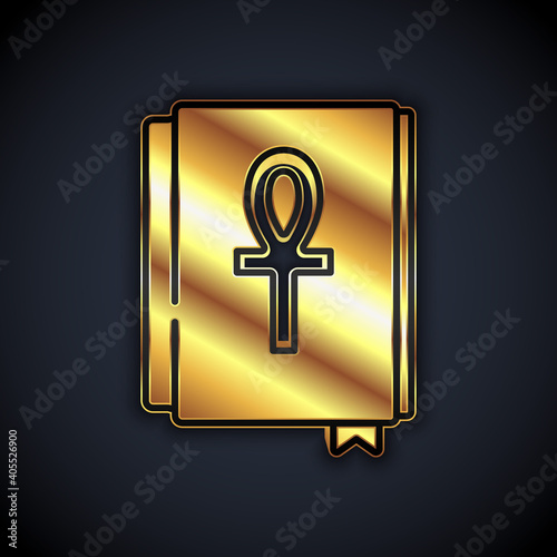 Gold Cross ankh book icon isolated on black background. Vector.