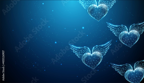 Fototapeta Naklejka Na Ścianę i Meble -  Abstract flying blue hearts with wings. Happy Valentine's day card.