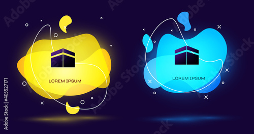 Black Kaaba mosque icon isolated on black background. Kaaba hajj Mecca pray pilgrimage Ramadan Islam muslim mosque. Abstract banner with liquid shapes. Vector.
