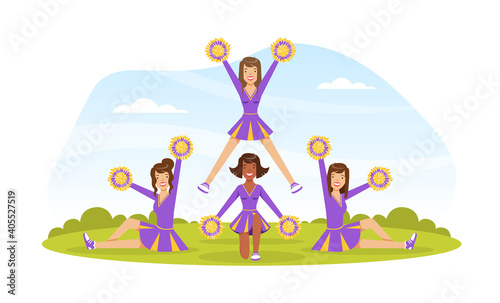 Cheerleading Team Dancing Together with Pom Poms, Fans Girls in Purple Uniform Making Pyramid on Football Stadium Outdoors Vector Illustration