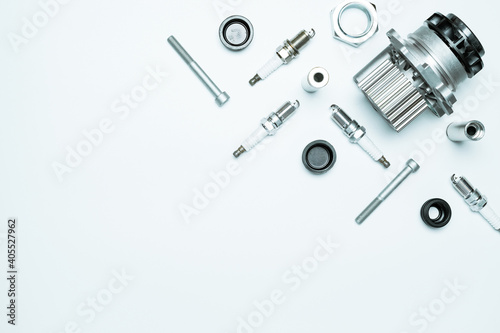 Accessories for cars. Set of new metal car part. Auto motor mechanic spare or automotive piece isolated on white background. Automobile engine service with space for text.