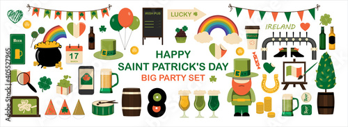 A large set of flat icons for Saint Patrick s Day A set of illustrations for a party, invitation, postcard or banner. Vector clipart with images of beer, rainbow, gnome, beard, coins, and clover