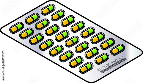 Medicine capsules - 24 yellow and green caps in a foil blister pack.
