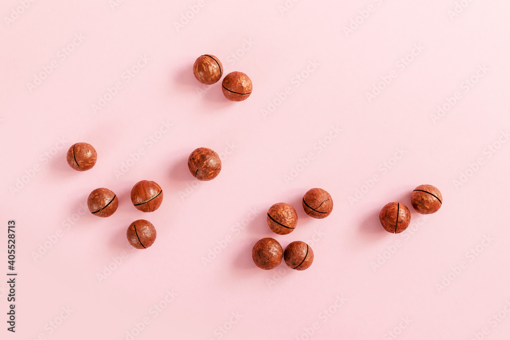 Raw macadamia nut scattered on a pink solid background. Minimal composition. Raw macadamia nut scattered on a pink solid background. Minimal composition.