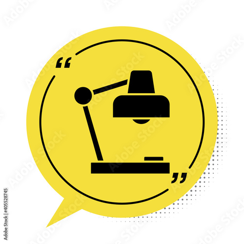 Black Table lamp icon isolated on white background. Desk lamp. Yellow speech bubble symbol. Vector.