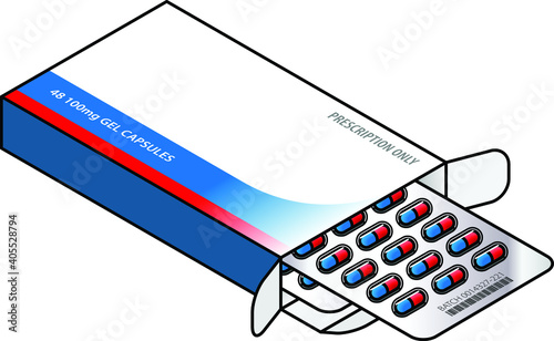 A box of medicine capsules - 24 red and blue caps in blister packs.
