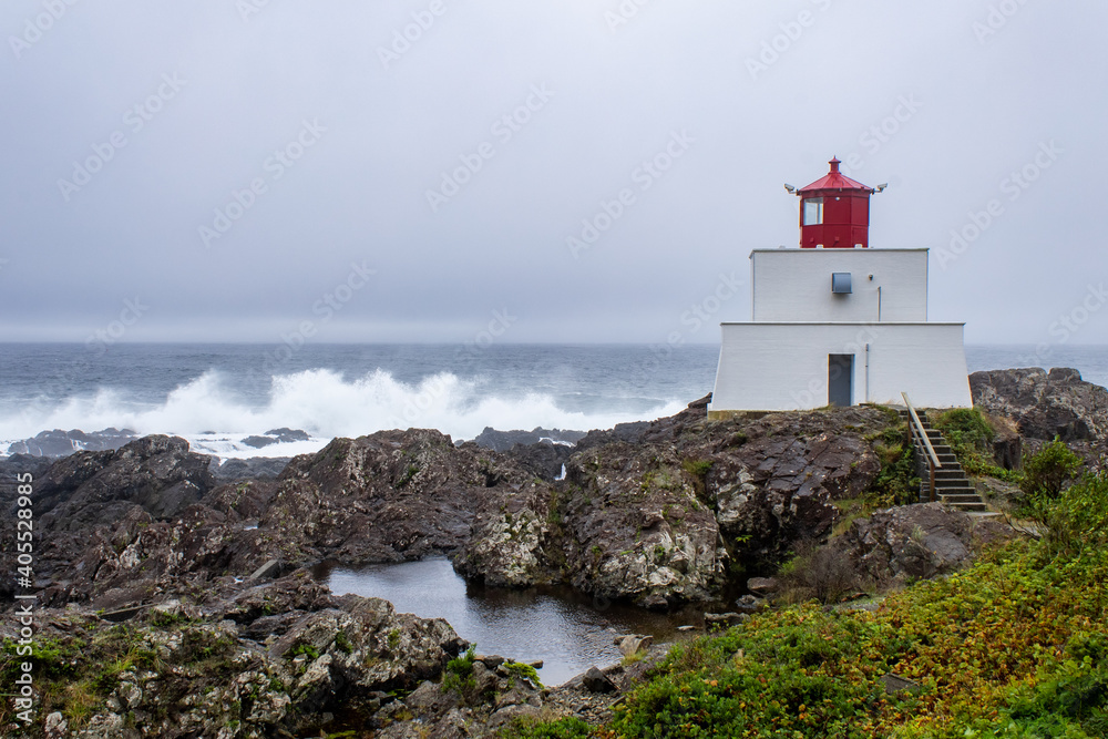 Lighthouse on a coastline with waves crashing on the rocks
