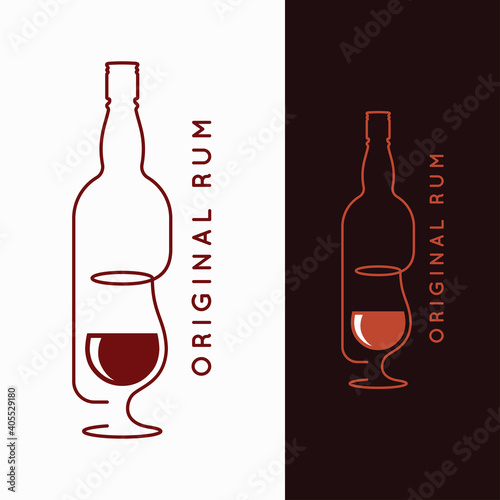 Rum bottle banner. Glass of rum on white and black