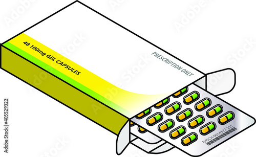 A box of medicine capsules - 24 green and yellow caps in blister packs.