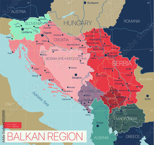 Balkan region detailed editable map with cities and towns, roads and railways. Vector EPS-10 file