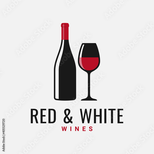 Wine bottle and glass logo. Red and white wine