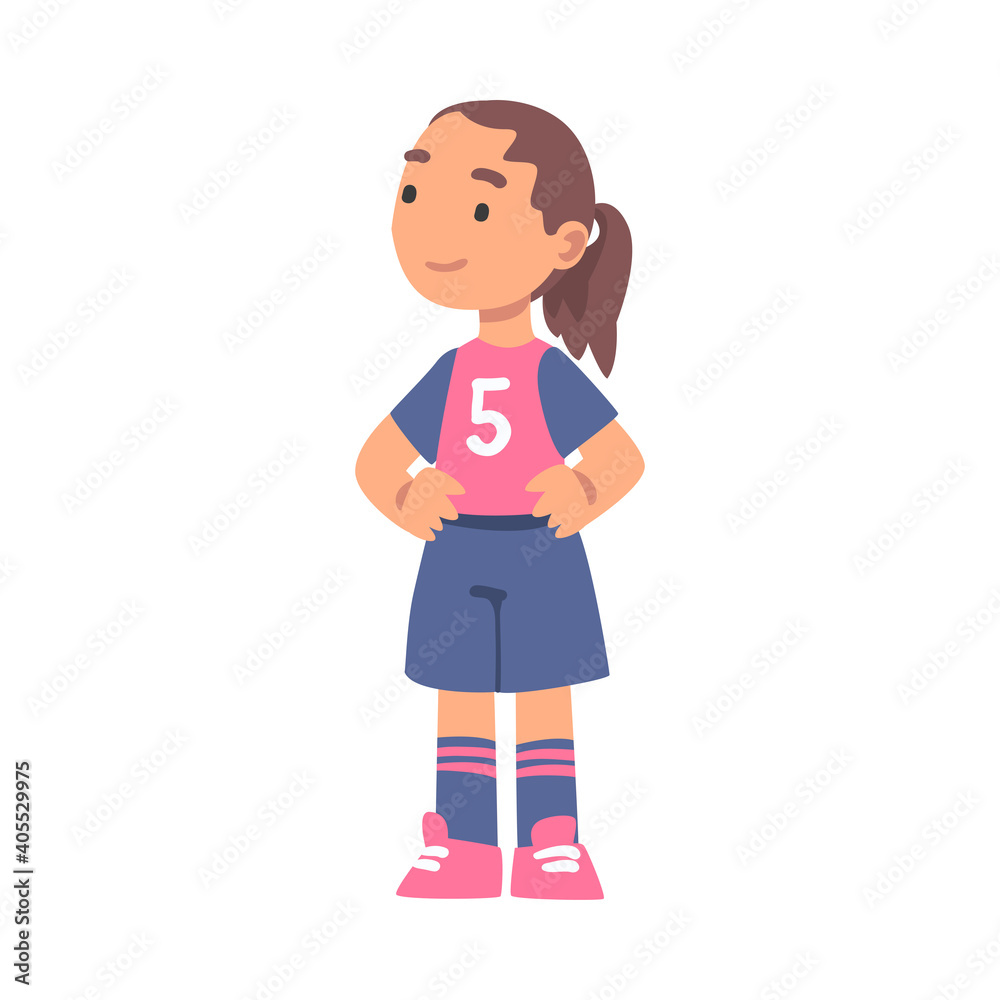 Cute Kid Soccer Player Character, Little Girl in Red and Blue Sports Uniform Playing Football Cartoon Style Vector Illustration