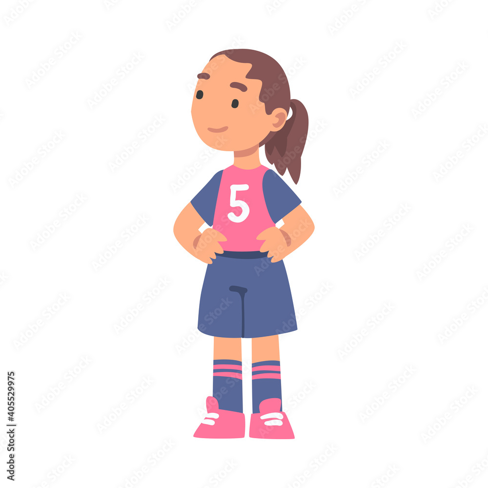 Cute Kid Soccer Player Character, Little Girl in Red and Blue Sports Uniform Playing Football Cartoon Style Vector Illustration Cute Kid Soccer Player Character, Little Girl in Red and Blue Sports Uniform Playing Football Cartoon Style Vector Illustration