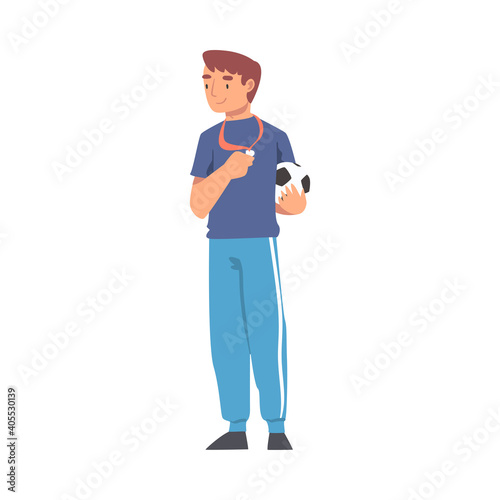 Soccer Coach, Male Football Trainer in Sports Uniform Standing with Whistle and Soccer Ball Cartoon Style Vector Illustration
