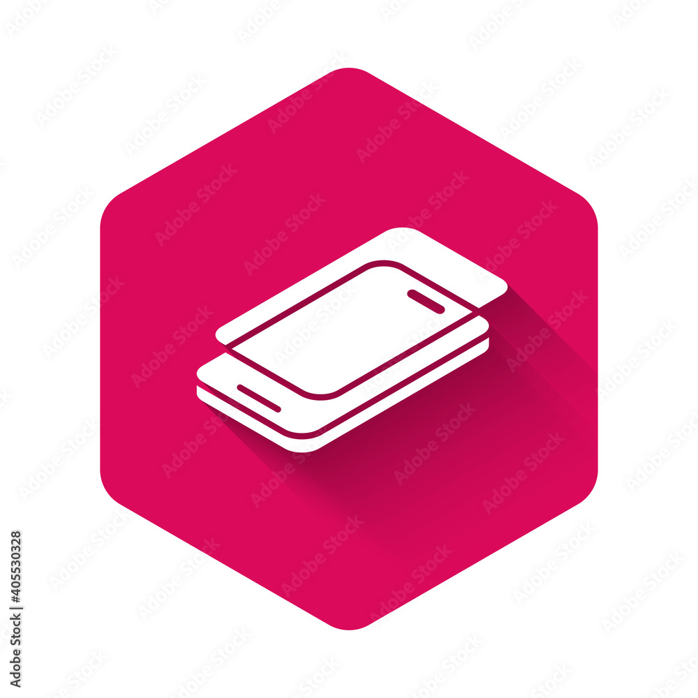 White Glass screen protector for smartphone icon isolated with long shadow background. Protective film for glass. Transparent soft glass for mobile phone. Pink hexagon button. Vector. White Glass screen protector for smartphone icon isolated with long shadow background. Protective film for glass. Transparent soft glass for mobile phone. Pink hexagon button. Vector.