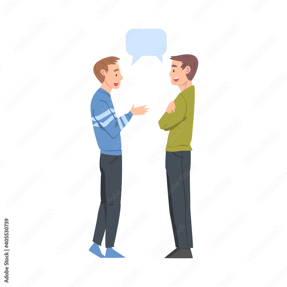 Two Guys Talking with Speech Bubbles, Friends or Colleagues Gossiping, Sharing Impressions Cartoon Style Vector Illustration Two Guys Talking with Speech Bubbles, Friends or Colleagues Gossiping, Sharing Impressions Cartoon Style Vector Illustration