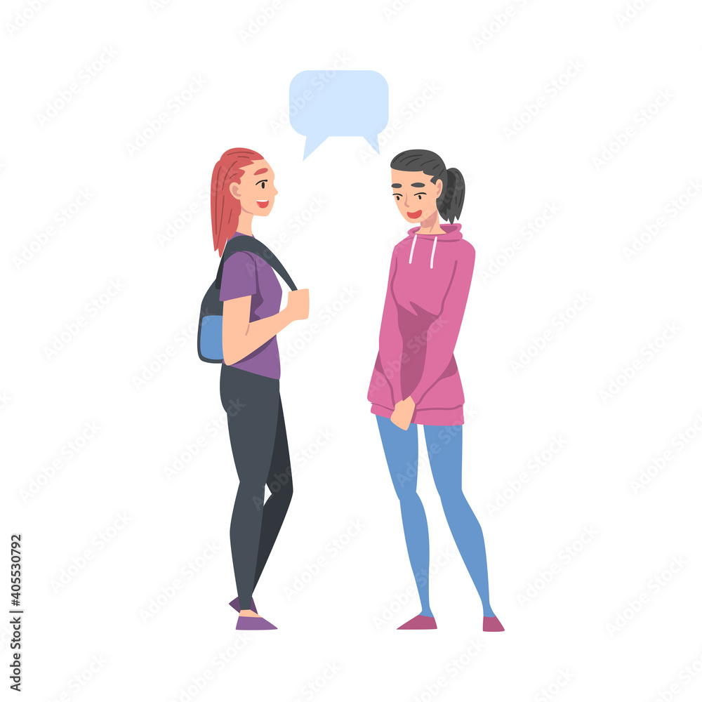 Girls Talking with Speech Bubbles, Friends or Colleagues Gossiping, Sharing Impressions Cartoon Style Vector Illustration Girls Talking with Speech Bubbles, Friends or Colleagues Gossiping, Sharing Impressions Cartoon Style Vector Illustration