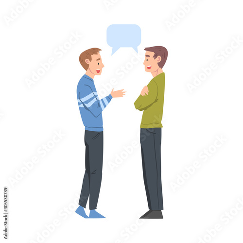Two Guys Talking with Speech Bubbles, Friends or Colleagues Gossiping, Sharing Impressions Cartoon Style Vector Illustration