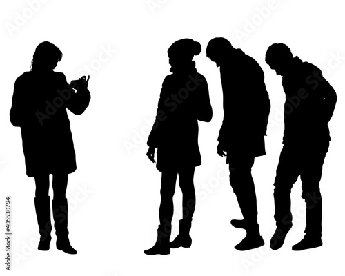 Young woman holds a smartphone in her hand. Isolated silhouettes of people on a white background