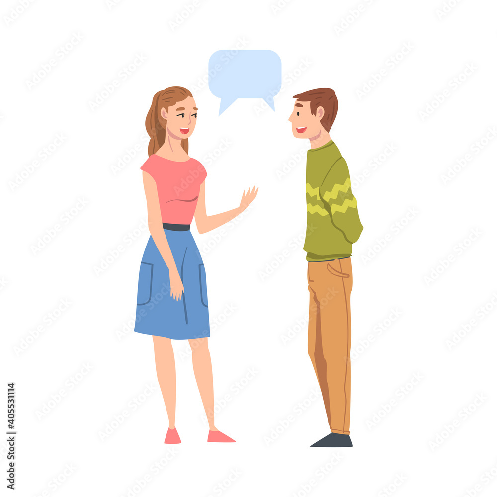 Couple Talking with Speech Bubbles, Friends or Colleagues Gossiping, Sharing Impressions Cartoon Style Vector Illustration