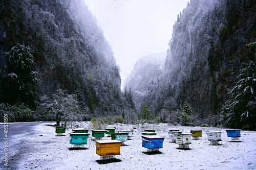 Bee hives among snowy mountains in winter