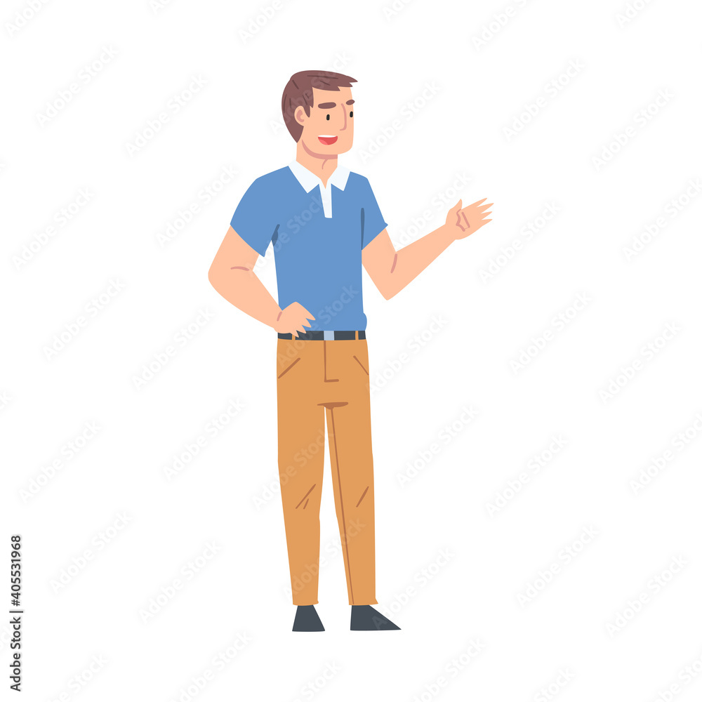 Man Talking to Someone and Gesturing, Guy Talking or Sharing Impressions Cartoon Style Vector Illustration Man Talking to Someone and Gesturing, Guy Talking or Sharing Impressions Cartoon Style Vector Illustration