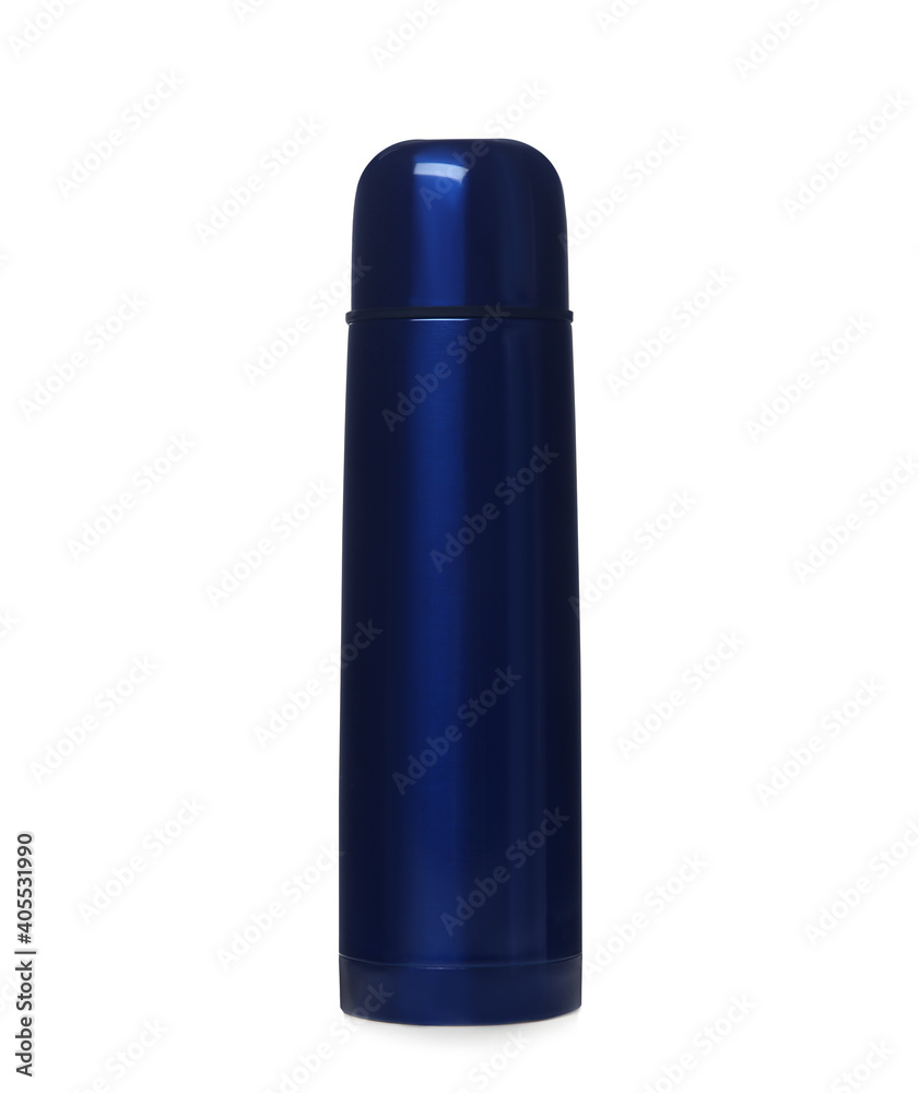 Modern closed blue thermos isolated on white