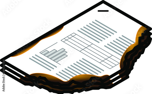 Stapled document - burnt/scorched business document with a table and a graph.