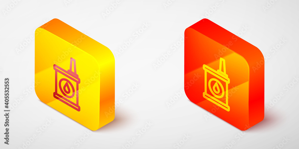 Isometric line Canister for motor machine oil icon isolated on grey background. Oil gallon. Oil change service and repair. Yellow and orange square button. Vector. Isometric line Canister for motor machine oil icon isolated on grey background. Oil gallon. Oil change service and repair. Yellow and orange square button. Vector.