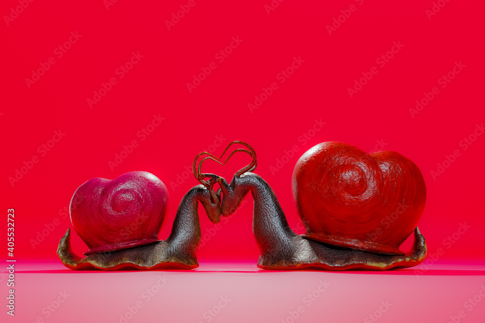 3d rendering scene of a couple of snails falling in love on a pink ...