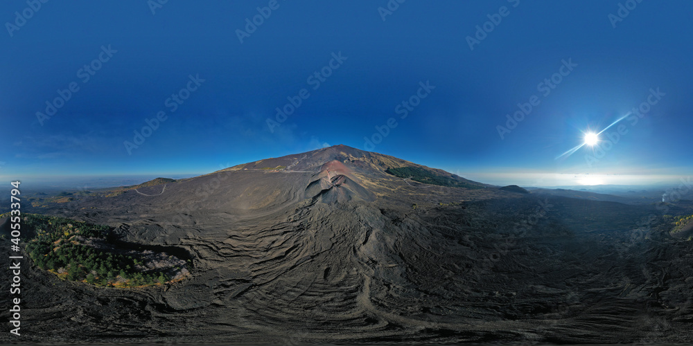 360 degree virtual reality panoramic view of the Etna volcano surrounded by woods, lava flows and secondary craters in autumn. Sicily Italy.