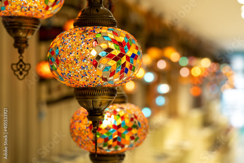 Turkish mosaic lambs. glass  mosaic lamp in grand bazaar. Hand made mosaic vintage ottoman lambs and bokehs