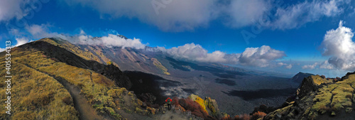 Panoramic view in virtual reality at 180 degrees of the Etna volcano with its lava flows and the Bove valley in autumn. Sicily Italy. © Maurizio Caputo