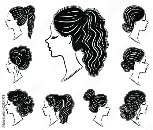 Collection. Silhouette of the lovely lady heads. The girl demonstrates hairstyles for long and medium hair. Suitable for logo, advertising. Vector illustration set.