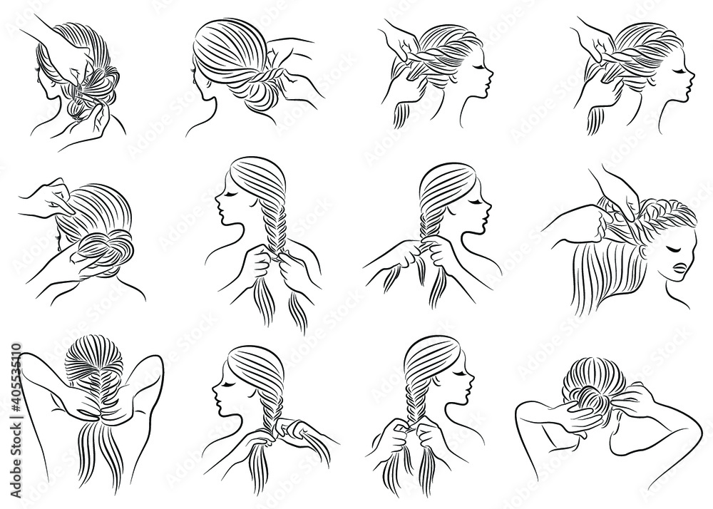 Collection. Silhouette profile of the head of a lovely lady. The girl braids her long hair in braids with her hands, does her hair. Set of vector illustrations. Collection. Silhouette profile of the head of a lovely lady. The girl braids her long hair in braids with her hands, does her hair. Set of vector illustrations.