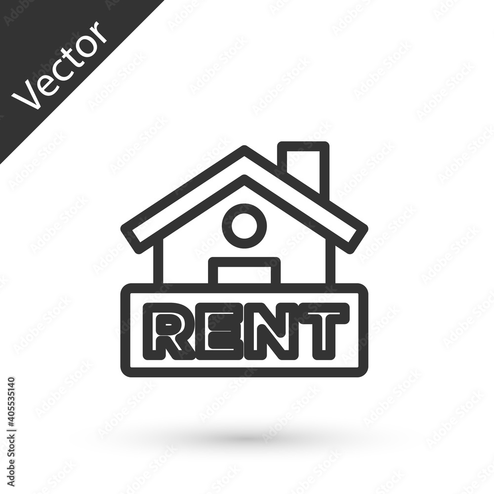 Grey line Hanging sign with text Rent icon isolated on white background. Signboard with text For Rent. Vector. Grey line Hanging sign with text Rent icon isolated on white background. Signboard with text For Rent. Vector.
