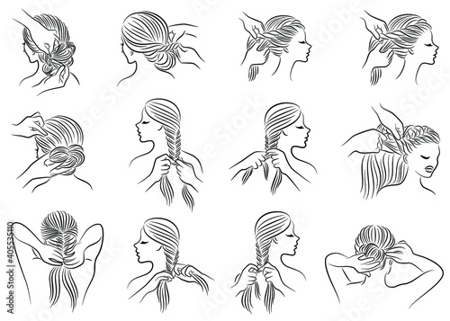 Collection. Silhouette profile of the head of a lovely lady. The girl braids her long hair in braids with her hands, does her hair. Set of vector illustrations.
