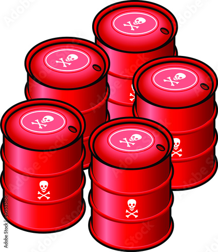 Waste storage drums - red; marked with skull and crossbones symbol.
