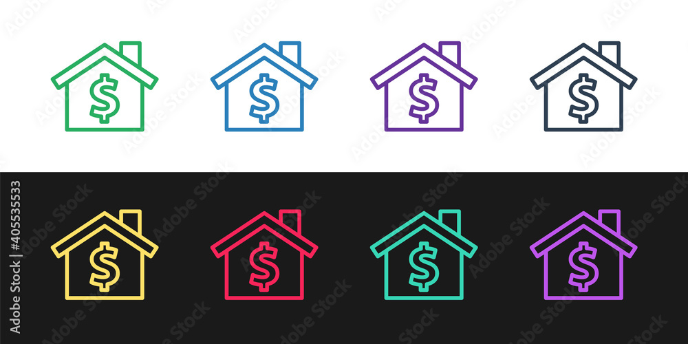Set line House with dollar symbol icon isolated on black and white background. Home and money. Real estate concept. Vector.