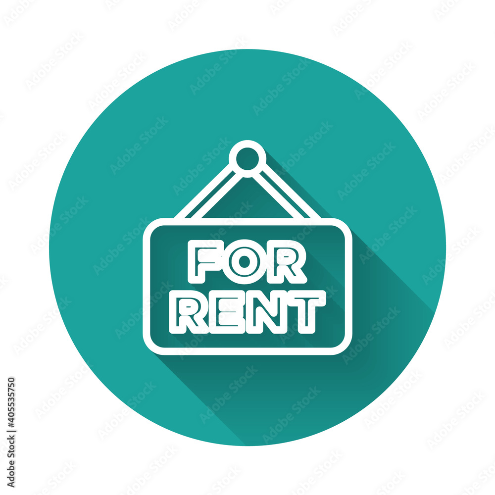 White line Hanging sign with text For Rent icon isolated with long shadow background. Signboard with text For Rent. Green circle button. Vector. White line Hanging sign with text For Rent icon isolated with long shadow background. Signboard with text For Rent. Green circle button. Vector.