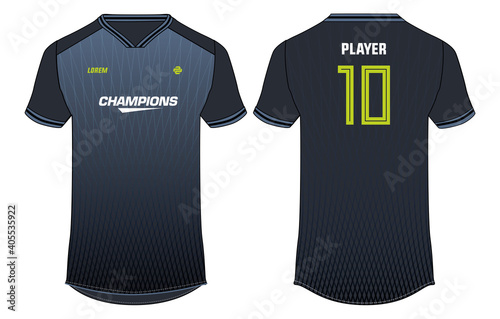 Sports jersey t-shirt design concept vector template, sports jersey concept with front and back view for Soccer, Cricket, Football, Volleyball, Rugby, tennis, badminton and e-sports uniform.