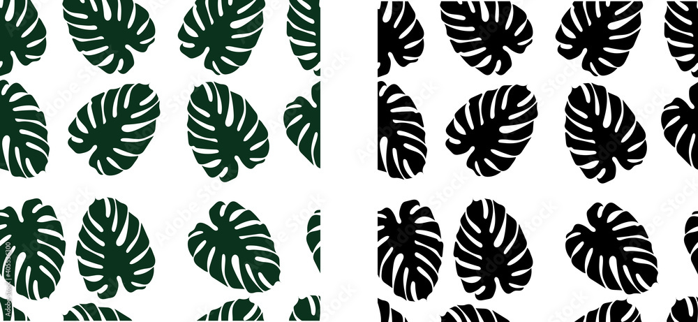 Seamless (repeating) collection of patterns - monstera leaves. Colors: green and black.