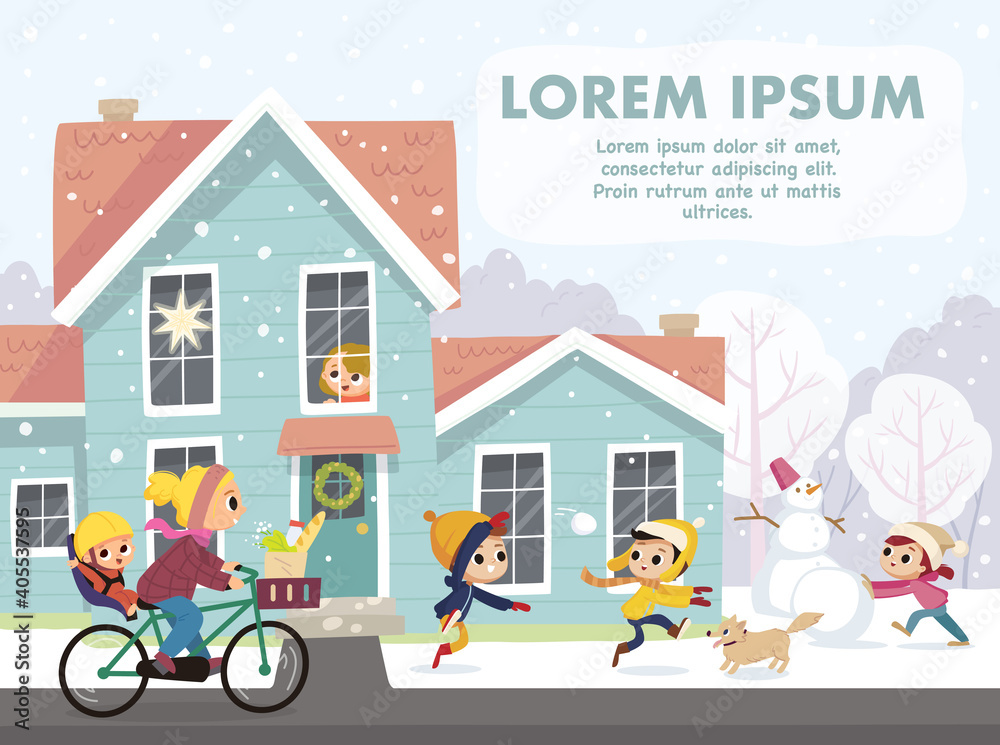 Naklejka premium Children play outdoor in winter on Christmas.Winter season, snowfall, cold outside. Children girl look out the window.Vector illustration of a winter landscape. Kids making building snowman.