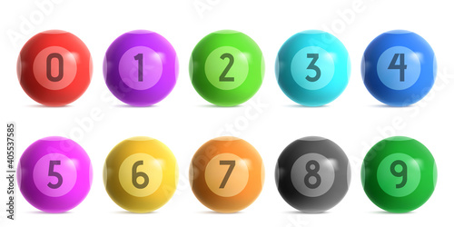 Bingo lottery balls with numbers from zero to nine. Vector realistic set of shiny color balls for lotto keno game or billiard. 3d glossy spheres for casino gambling isolated on white background