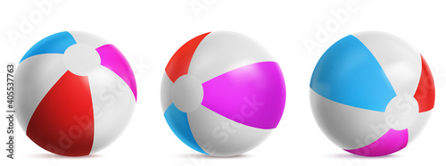 Inflatable beach ball, striped air balloon for play in water, sea or swim pool. Vector realistic set of bright rubber beachball with blue, red and pink colors isolated on white background