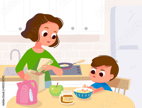 Vector. Baby child refuses to eat breakfast. Mother feeds child boy, kid, but he push plate with porridge off. Baby is not eating solid food. Son have no appetite.